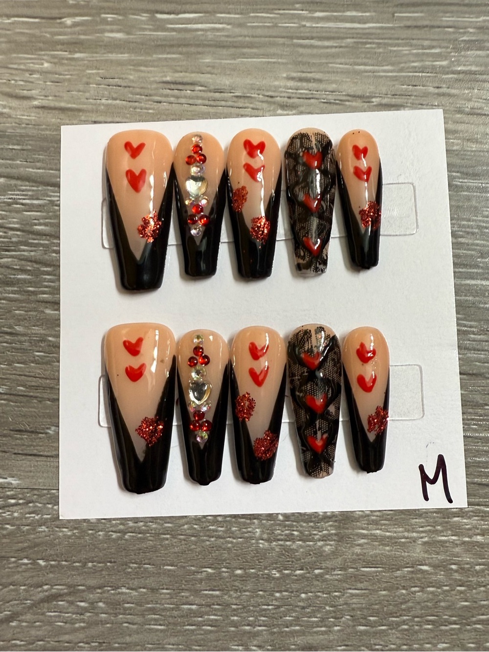 Handmade Black & Nude Coffi  Press-On Nails with Red Heart Accents